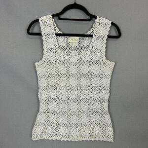 Cache Vintage White Crochet Knit Tank Top M Floral Open Weave Y2K Cottagecore